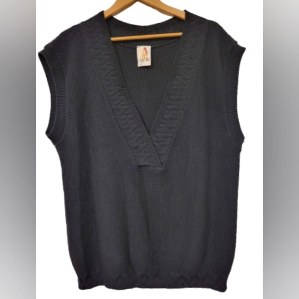 Cherokee knit crochet Navyblue oversize Granny Granma V-neck Sweater vest size M